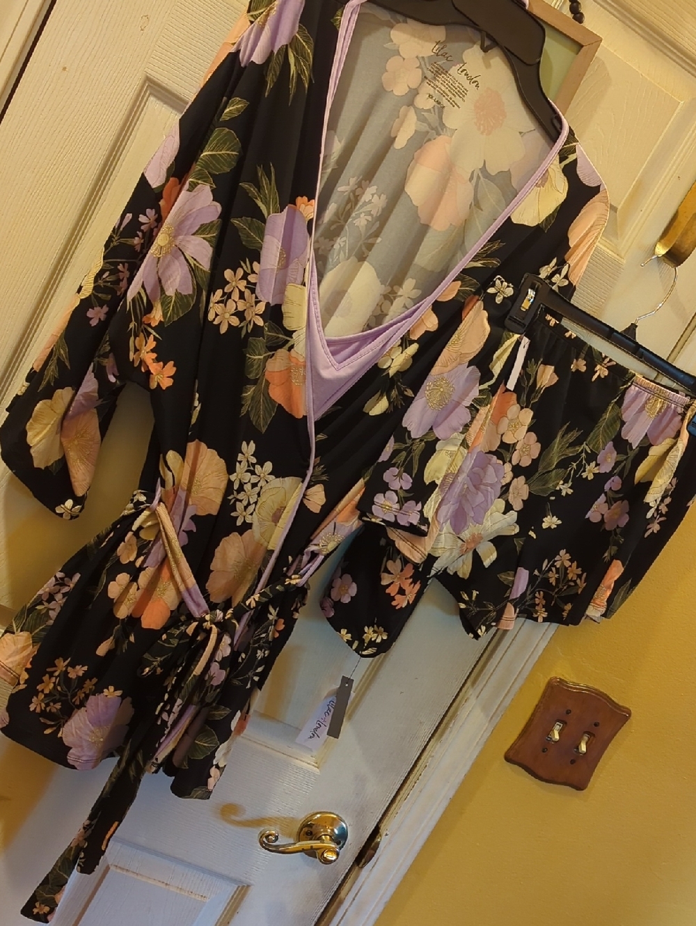 Lilac&London Floral Three Piece Lounge Set in Black with Lavender & Peach